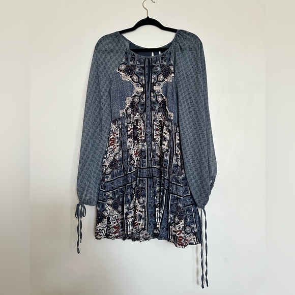 Free People Dresses & Skirts - Free People Oksana Mini Dress Marine Blue Women’s Boho Peasant Puff Sleeve
